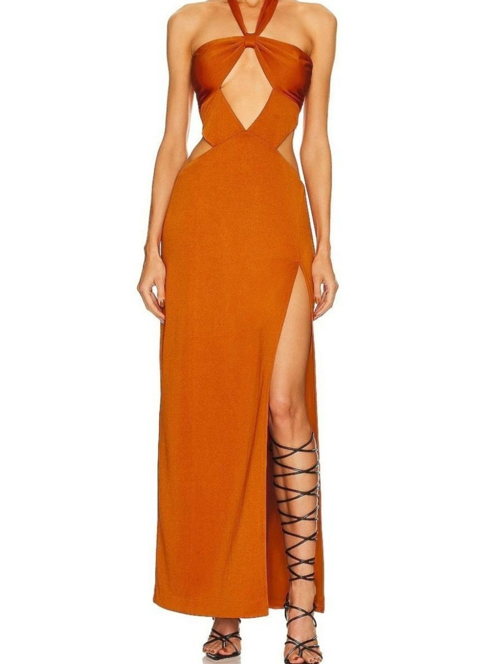 DUNDAS x REVOLVE Orange Cutout Maxi Dress Halter Neck High Leg Slit size Small